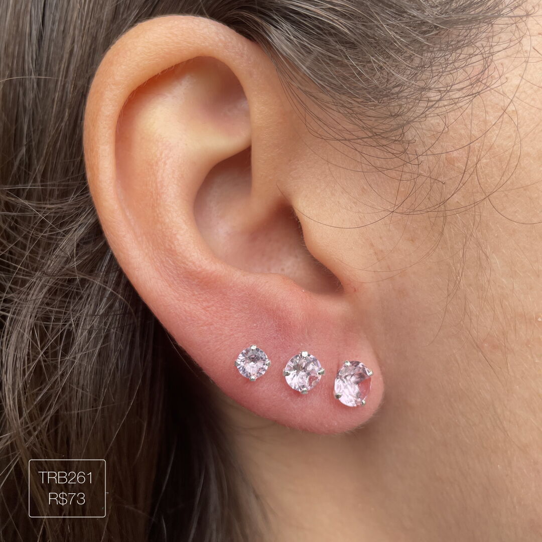 Trio de Brincos de Zircônia Rosa Prateado